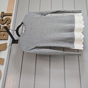 LOFT Charcoal Ribbed Lace Hem Sweater